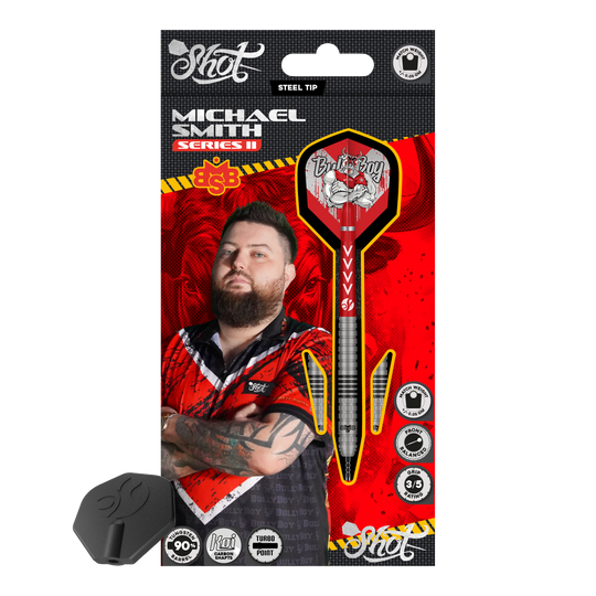 Shot Michael Smith Series 2 Turbo Point steel darts Abgebildet sind die Shot Michael Smith Series 2 Turbo Point Steeldarts. Sie sind speziell für Präzision und Kontrolle beim Dartspielen entwickelt.