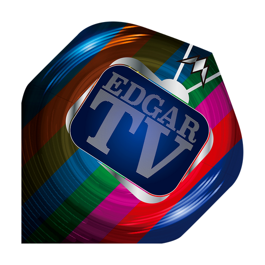 Mission Solo Matt Edgar No2 Standard Flights Das Bild zeigt ein bunt gestaltetes Dart-Flight mit dem Aufdruck "EDGAR TV" in der Mitte. Es handelt sich um das Produkt "Mission Solo Matt Edgar No2 Standard Flights".