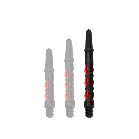 HR433_Harrows_Carbon_ST_Shafts_Rot_47mm_1bFpbe43oQ7s8J Das Bild zeigt drei Harrows Carbon ST Shafts in der Farbe Rot. Die Dartschäfte bestehen aus schwarzem Material mit roten Akzenten und unterscheiden sich in der Länge.