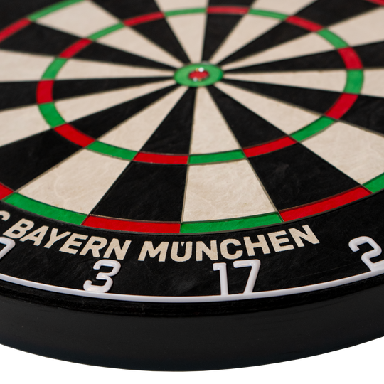 Das Bild zeigt das Bulls FC Bayern München Bristle Steeldartboard. Es handelt sich um eine Scheibe zum Dartspielen mit dem Logo des FC Bayern München.