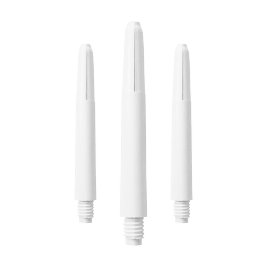 Das Bild zeigt drei schneeweiße Nylon-Schäfte. Sie sind zylinderförmig und haben an einem Ende ein Schraubgewinde.