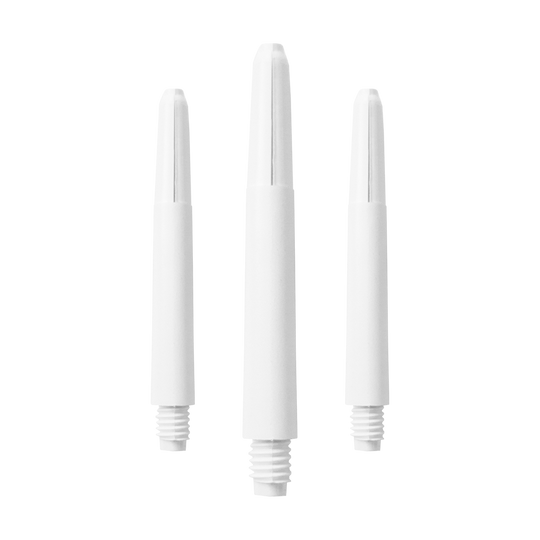 582_Nylon_Shafts_Schneeweiss_40mm_1PYryDcYm5zrql Das Bild zeigt drei schneeweiße Nylon-Schäfte. Sie sind zylinderförmig und haben an einem Ende ein Schraubgewinde.