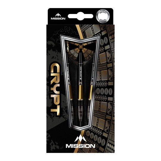 Mission Crypt Model 1 Steel Darts - 22g Die Abbildung zeigt die Verpackung der "Mission Crypt Model 1 Steeldarts - 22g". Drei schwarze und goldene Steeldarts sind in einer stilvollen Box mit geometrischen Mustern angeordnet.