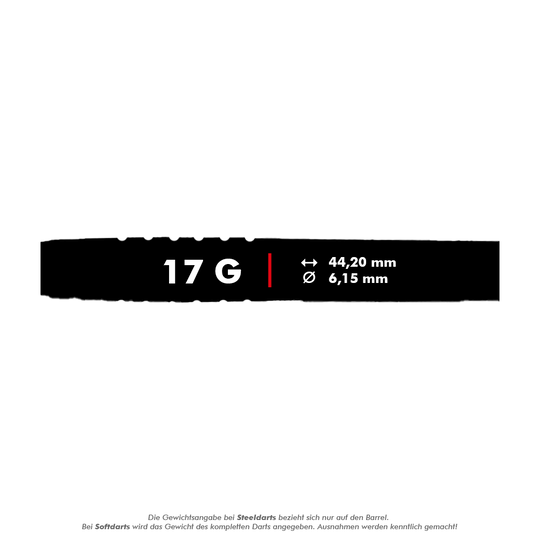 McDart 85 Tungsten V14 Soft Darts - 17g Das Bild zeigt die Produktdetails der McDart 85er Tungsten V14 Softdarts mit einem Gewicht von 17 Gramm. Die Länge beträgt 44,20 mm und der Durchmesser 6,15 mm.