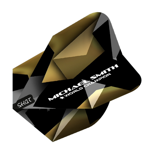 Shot Michael Smith Believe No6 Flights Das Bild zeigt den Shot Michael Smith Believe No6 Flight mit einem schwarzen und goldenen geometrischen Design. Auf dem Flight steht in weißer Schrift „MICHAEL SMITH ★ WORLD CHAMPION“.
