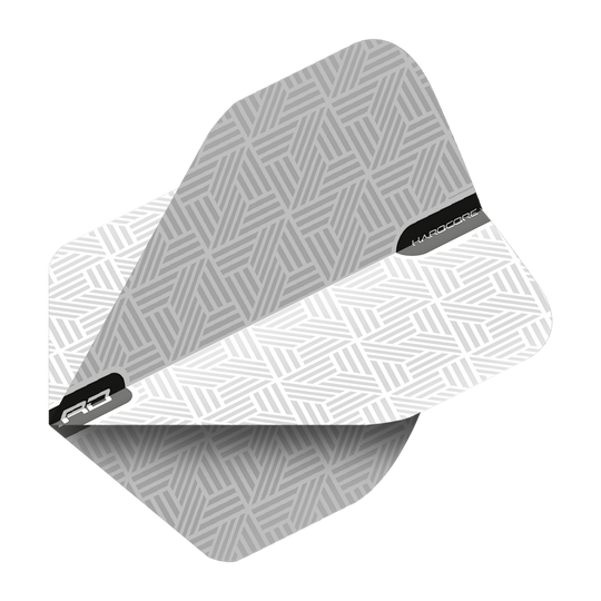 TF6427_Red_Dragon_Hardcore_White_Standard_Flights_2 Das Bild zeigt einen weißen Dartflight mit geometrischem Muster. Auf dem Flight steht der Schriftzug „HARDCORE“.