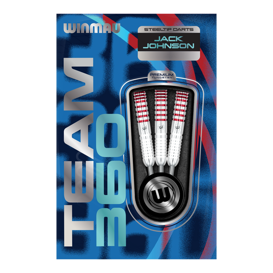 Winmau Team 360 Jack Johnson steel darts - 24g Abgebildet sind die Winmau Team 360 Jack Johnson Steeldarts mit 24 Gramm Gewicht. Die Darts zeichnen sich durch ihr markantes Design aus.