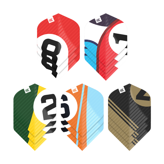 337204_Target_ProUltra_5Sets_Multipack_Chicane_No2_Standard_Flights_1 Das Bild zeigt fünf verschiedene Sets von Dart-Flights in bunten Farben und mit großen Zahlen. Jedes Set hat ein einzigartiges Design und verschiedene Farbkombinationen.