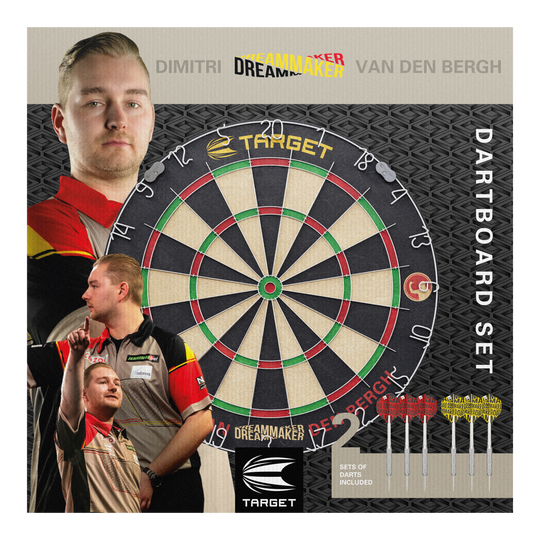 Target Dimitri Van Den Bergh steel dartboard set Das Bild zeigt das Produkt "Target Dimitri Van Den Bergh Steeldartboard Set" mit einer großen Dartscheibe in der Mitte. Rechts unten sieht man sechs mitgelieferte Darts und im Hintergrund ist Dimitri Van Den Bergh mehrfach abgebildet.