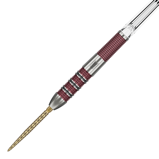 Dies ist ein Target Stephen Bunting 95K Swiss Point Steeldart. Der Dartpfeil hat eine silberne und rote Griffzone sowie eine goldfarbene Spitze.