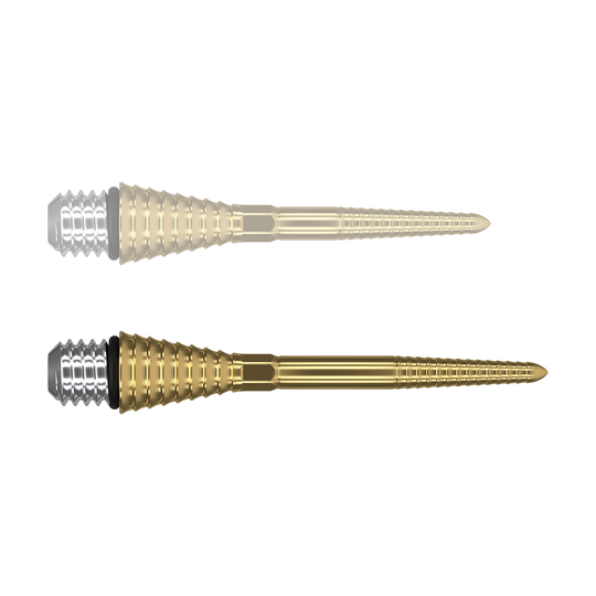 380179_Target_Titanium_Swiss_Point_Grooved_Conversion_Points_Gold_30mm_1yulRWxeJOtNkw Das Bild zeigt zwei goldfarbene, gerillte Konversionsspitzen für Darts. Sie haben einen silbernen Schraubkopf und sind schlank und spitz zulaufend.