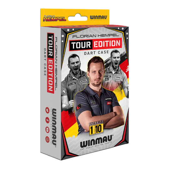 Die Verpackung zeigt das Produkt "Winmau Florian Hempel Tour Edition Dartcase". Auf der Vorderseite sind Bilder von Florian Hempel und der Hinweis auf eine Kapazität von 110 Darts abgebildet.