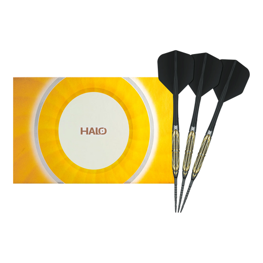 Das Bild zeigt die Caliburn Halo H2 Steeldarts mit einem Gewicht von 22,5g in voller Länge. Die Steeldarts sind besonders langlebig und robust.