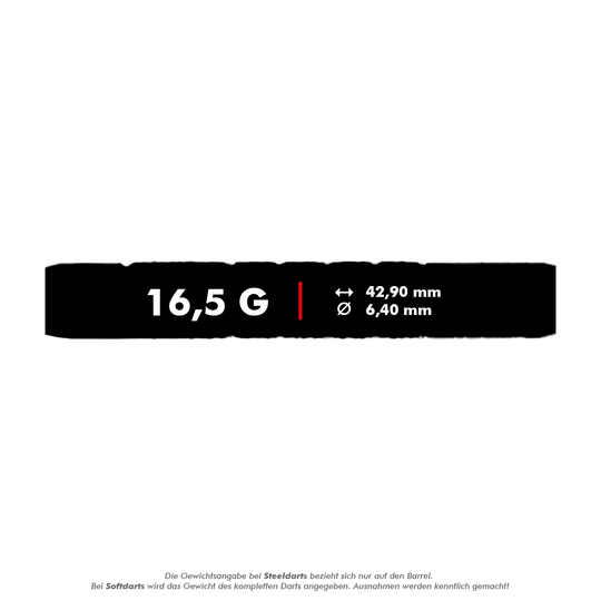 Das Bild zeigt die technischen Daten des Produkts "McDart 85er Tungsten V7 Softdarts - 16,5g". Der Dart wiegt 16,5 Gramm, ist 42,90 mm lang und hat einen Durchmesser von 6,40 mm.