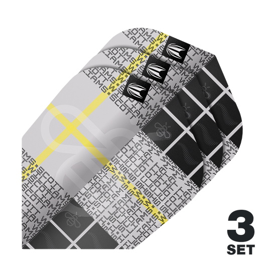 Das Bild zeigt drei Sätze der "Target Pro Ultra Scott Williams GEN2 No6 Flights". Die Flights haben ein modernes Design mit schwarzem, grauem und gelbem Muster.