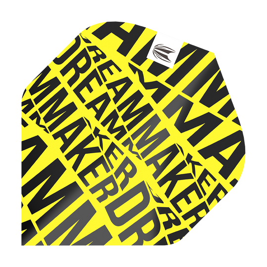 TG81_336570_Target_Pro_Ultra_Dimitri_Van_Den_Bergh_Yellow_No2_Standard_Flights_1 Das Bild zeigt ein gelbes Dartflight mit dem Aufdruck „DREAMMAKER“ in schwarzen Buchstaben. Es handelt sich um das Target Pro Ultra Dimitri Van Den Bergh Yellow No2 Standard Flight.