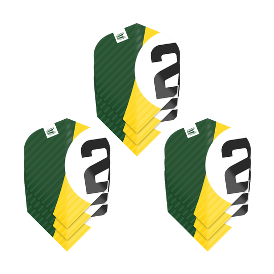 337208_Target_ProUltra_3Sets_Chicane_Green_No6_Flights_1m9d8pkiVeCDSW Das Bild zeigt drei Sätze der Target Pro Ultra Chicane Green No6 Flights. Die Flights sind grün, gelb und weiß mit einer schwarzen Zahl "2" darauf.