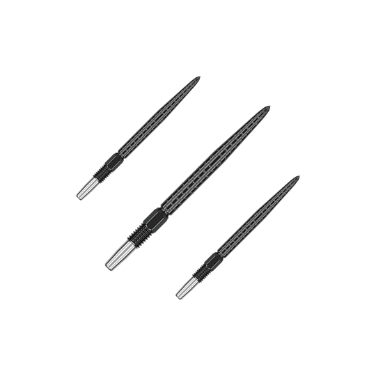 Target Swiss Point RVE dart tips - Black Das Bild zeigt drei schwarze Dartspitzen mit silbernem Schraubgewinde. Sie sind unterschiedlich ausgerichtet und liegen auf einem grünen Hintergrund.