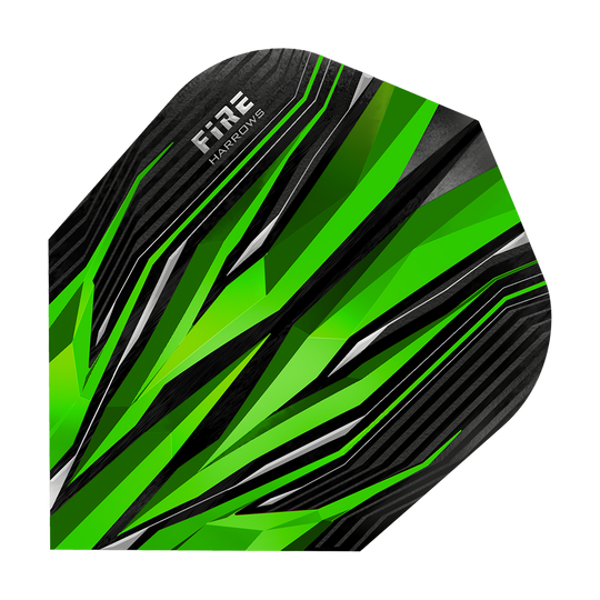 HR2_Harrows_Fire_Green_Standard_Flights_1sXfBKv5nNpZ5t Dies ist ein Dart-Flight mit dem Namen "Harrows Fire Green Standard Flights". Er hat ein auffälliges grünes und schwarzes Design mit scharfen Linien und Mustern.