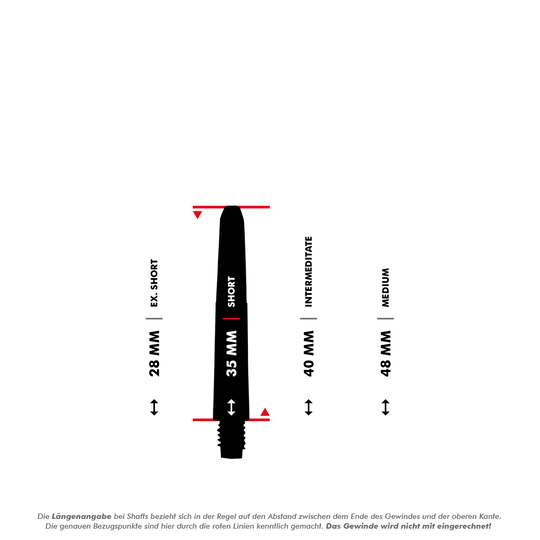 Das Bild zeigt verschiedene Längenoptionen für Nylon Shafts in der Farbe Naturweiß. Die Längenangaben sind 28 mm (Ex. Short), 35 mm (Short), 40 mm (Intermediate) und 48 mm (Medium), gemessen ohne das Gewinde.