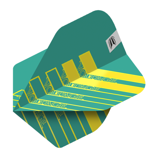 Target Pro Ultra Rob Cross Aqua No2 Standard Flights - 3 sets Das Bild zeigt ein Dart-Flight in Aqua-Farbe mit gelben Streifen und dem Schriftzug "VOLTAGE". Es handelt sich um das Produkt "Target Pro Ultra Rob Cross Aqua No2 Standard Flights - 3 Sets".