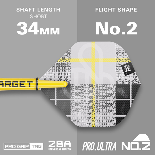 Target Scott Williams GEN2 soft darts - 18g Das Bild zeigt das Produkt "Target Scott Williams GEN2 Softdarts - 18g" mit einem kurzen Schaft von 34 mm. Die Flight-Form ist No. 2 und das Design ist in Gelb, Weiß und Schwarz gehalten.
