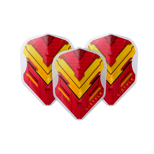 L-Style V-Series V1 Type A Spain Clear White L3EZ Flights Das Bild zeigt drei Dart-Flights mit einem auffälligen roten und gelben Muster. Auf den Flights steht in gelber Schrift "L-STYLE".