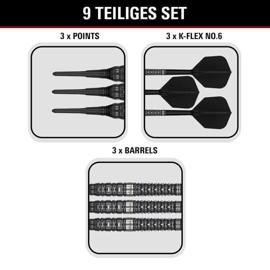 Target Black Marque Eclipse Soft Darts - 21g Target Black Marque Eclipse Softdarts mit 21g-Gewicht werden dargestellt. Das Produkt zeichnet sich durch ein elegantes schwarzes Design aus.