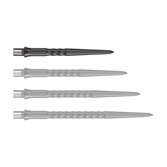 Caliburn System Steeldart Tips - Ripple - NoLip - Black Abgebildet ist eine schwarze Steeldartspitze mit Ripple NoLip Design, 28 mm lang. Das Produkt gehört zum Caliburn Evo System.