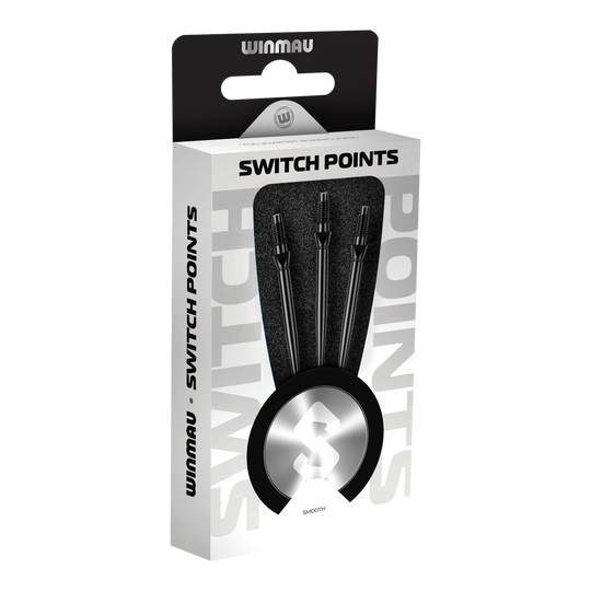 Hier sieht man die Winmau Switch Point Smooth Steeldartspitzen in Schwarz. Die Dartspitzen haben ein glattes Design und sind schwarz gefärbt.