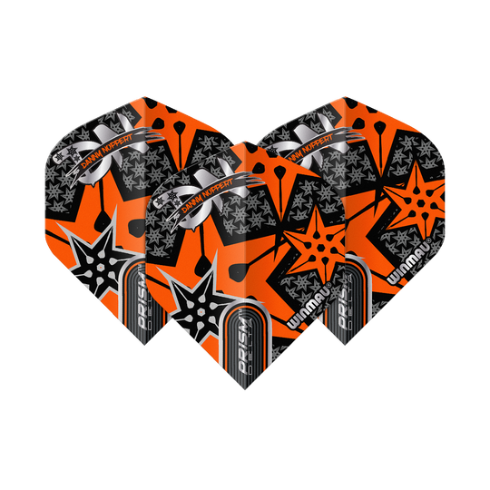 Winmau Prism Delta Danny Noppert Orange Signature No2 Standard Flights Das Bild zeigt drei Dart-Flights mit auffälligem orange-schwarzem Design. Auf den Flights steht "Danny Noppert" und "Winmau Prism Delta".