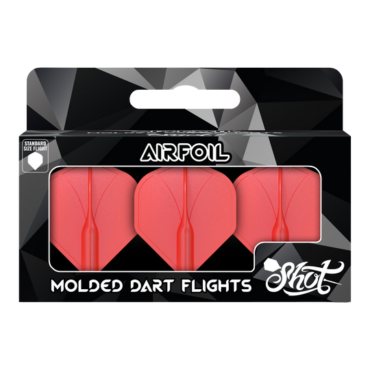 Die Verpackung zeigt drei rote, geformte Dart-Flights der Marke Shot. Auf der Vorderseite steht „Airfoil“, und unten ist „Molded Dart Flights“ zu lesen.