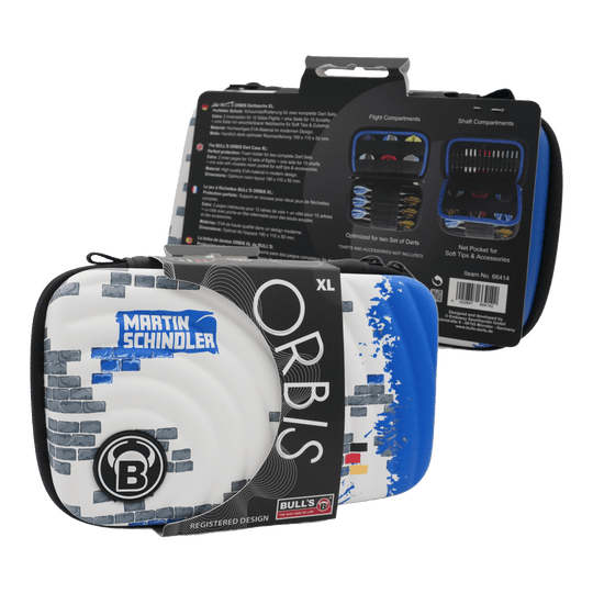 Das Bild zeigt das Produkt "Bulls Orbis XL Martin Schindler Dartcase". Das Dartcase ist weiß mit blauen und grauen Designelementen und bietet Platz für zwei Dart-Sets.