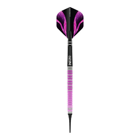 Red Dragon Tyrian Soft Darts - 22g Auf dem Bild ist der Red Dragon Tyrian Softdart mit einem Gewicht von 22g zu sehen. Der Dart hat ein auffälliges Design mit lila und pinken Akzenten.