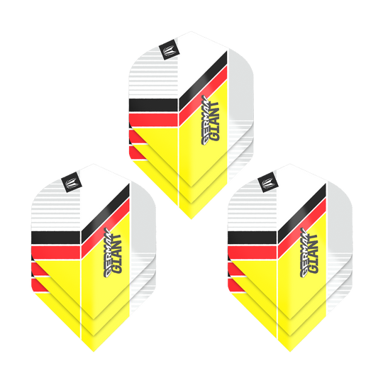 Target Pro Ultra Gabriel Clemens No2 Standard Flights - 3 Sets Das Bild zeigt drei Sets von Target Pro Ultra Gabriel Clemens No2 Standard Flights. Die Flights sind in den Farben Gelb, Rot, Schwarz und Weiß gestaltet und tragen den Schriftzug "German Giant".