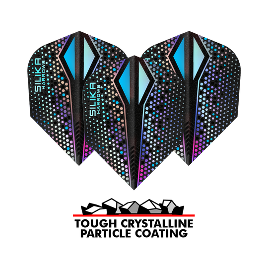 Harrows Silika Colourshift Tough Crystalline Coating Silver-X No6 Flights Das Bild zeigt drei Harrows Silika Colourshift Tough Crystalline Coating Silver-X No6 Flights. Unten im Bild steht "TOUGH CRYSTALLINE PARTICLE COATING" mit einer Grafik von Kristallen.