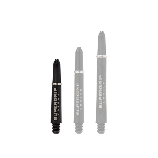 HR354_Harrows_Supergrip_Carbon_Shafts_Silber_33mm_1 Das Bild zeigt drei schwarze Harrows Supergrip Carbon Shafts in unterschiedlicher Länge. Auf den Schäften steht in silberner Schrift "SUPERGRIP CARBON".