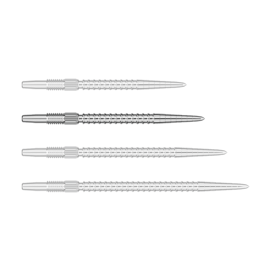 Das Bild zeigt vier silberne Dartspitzen in einer Reihe. Die Spitzen sind aus Metall und haben ein geriffeltes Muster.