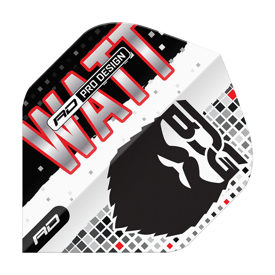 Red Dragon Hardcore Jason Watt BDG Premium No2 Standard Flights Das Bild zeigt das Produkt "Red Dragon Hardcore Jason Watt BDG Premium No2 Standard Flights". Auf dem Flight sind der Name "WATT", ein stilisiertes Gesicht und das Logo "RD" zu sehen.