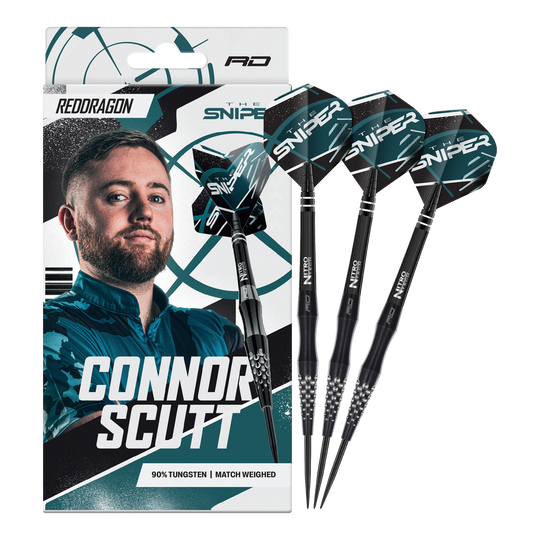 Das Foto präsentiert Red Dragon Connor Scutt The Sniper Steeldarts - 22g. Diese Darts sind ideal für ambitionierte Dartspieler.