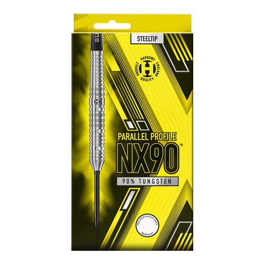 Harrows NX90 Parallel Quick Point Steel Darts Das Bild präsentiert die Harrows NX90 Parallel Quick Point Steeldarts. Das Produkt ist für den Einsatz beim Steeldart geeignet.