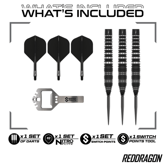 Red Dragon Sable Torpedo Switch Point Steel Darts Hier sind Red Dragon Sable Torpedo Switch Point Steeldarts zu sehen. Diese Darts zeichnen sich durch ihre Torpedo-Form aus.