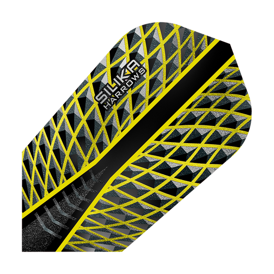 HR87_Harrows_Silika_Yellow_Slim_Flights_1NHynMKpZkuswJ Das Bild zeigt das Produkt "Harrows Silika Yellow Slim Flights". Das Design ist schwarz mit gelben und silbernen geometrischen Mustern.