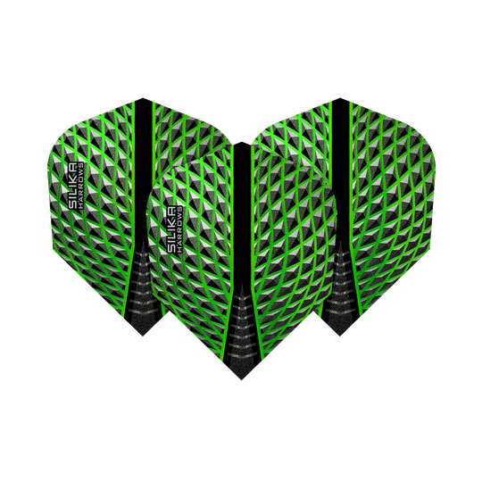 HR57_Harrows_Silika_Green_No6_Flights_1735dATSWsZCvG Das Bild zeigt die Harrows Silika Green No6 Flights mit einem auffälligen grünen und silbernen Muster. Die Flights haben eine moderne, geometrische Optik mit schwarzem Mittelstreifen und dem Silika Harrows Logo.