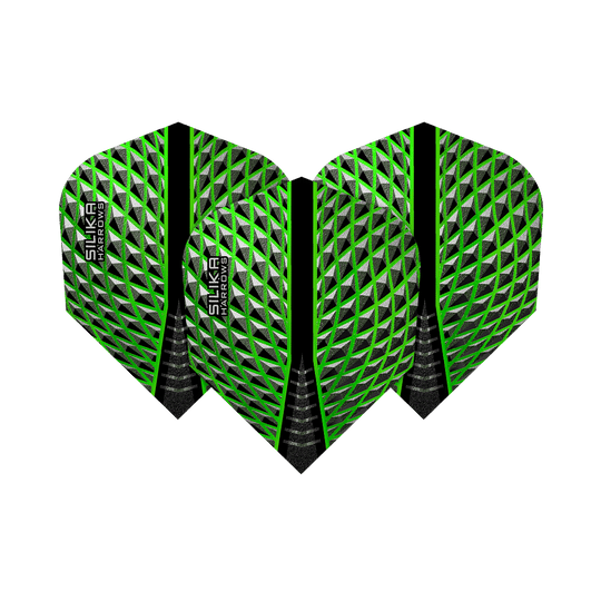 HR57_Harrows_Silika_Green_No6_Flights_1735dATSWsZCvG Harrows Silika Green No6 Flights. Das Foto zeigt Dartflights mit auffälligem Muster.