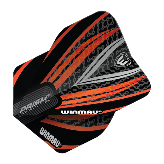 Das Bild zeigt ein Winmau Prism Delta Flight in den Farben Schwarz, Weiß und Orange. Das Flight hat ein modernes, auffälliges Muster mit dem Winmau-Logo und Schriftzug.