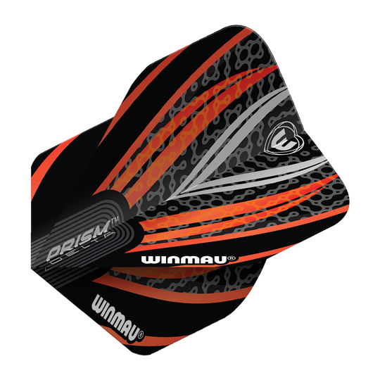 Winmau Prism Delta Black White Orange No. 2 Standard Flights Das Bild zeigt ein Winmau Prism Delta Flight in den Farben Schwarz, Weiß und Orange. Das Flight hat ein modernes, auffälliges Muster mit dem Winmau-Logo und Schriftzug.