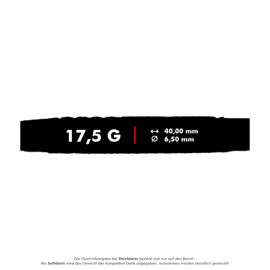 Das Bild zeigt die technischen Daten des Produkts „McDart 85er Tungsten V10 Softdarts - 17,5g“. Der Dart wiegt 17,5 Gramm, ist 40,00 mm lang und hat einen Durchmesser von 6,50 mm.