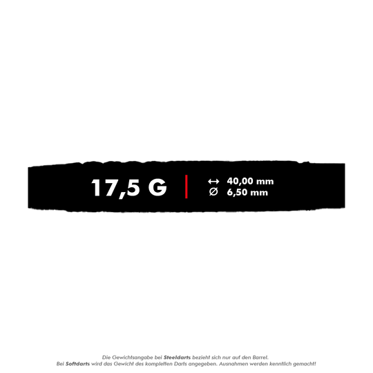 McDart 85 Tungsten V10 Soft Darts - 17.5g Das Bild zeigt die technischen Daten des Produkts „McDart 85er Tungsten V10 Softdarts - 17,5g“. Der Dart wiegt 17,5 Gramm, ist 40,00 mm lang und hat einen Durchmesser von 6,50 mm.