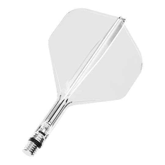 Zu sehen ist ein klarer Dart-Flügel in Standardform No.2. Dieses Flight ist 19 mm lang.